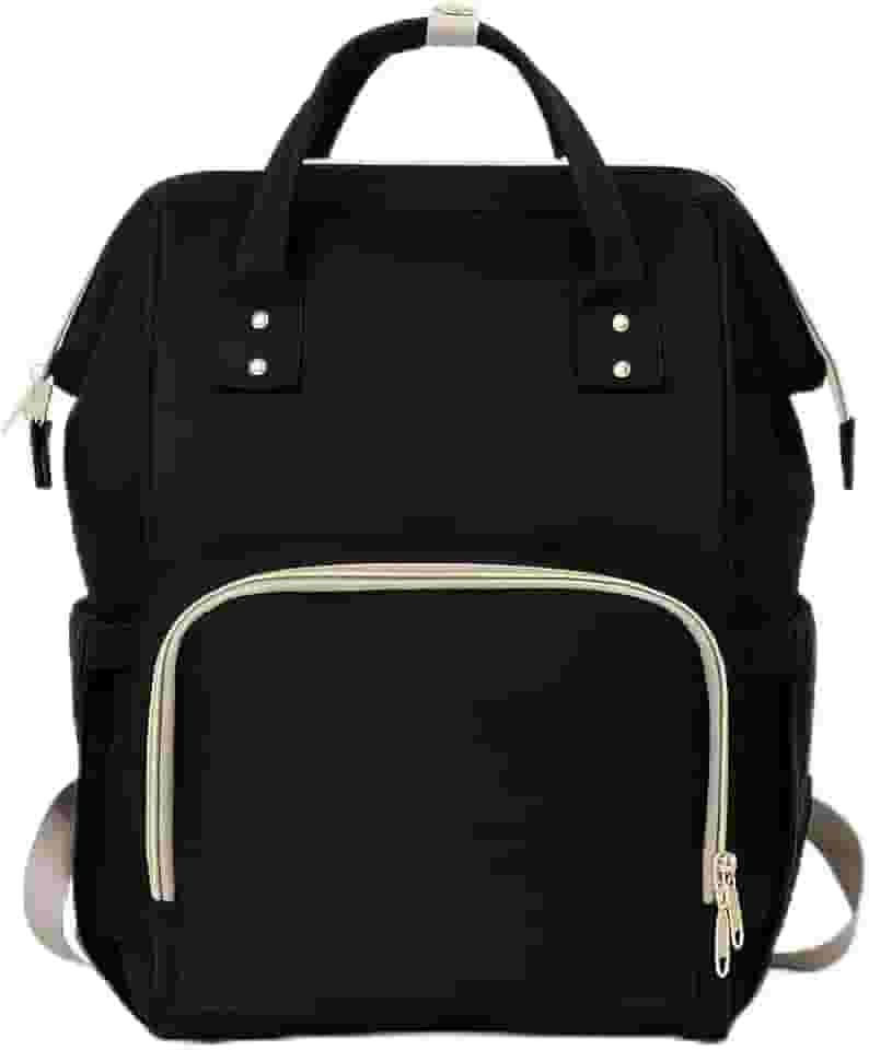 Mochila Maternidade Expansível Preta, Bolsa Gestante com Zíper Dourado, Compartimentos Múltiplos, Design Moderno