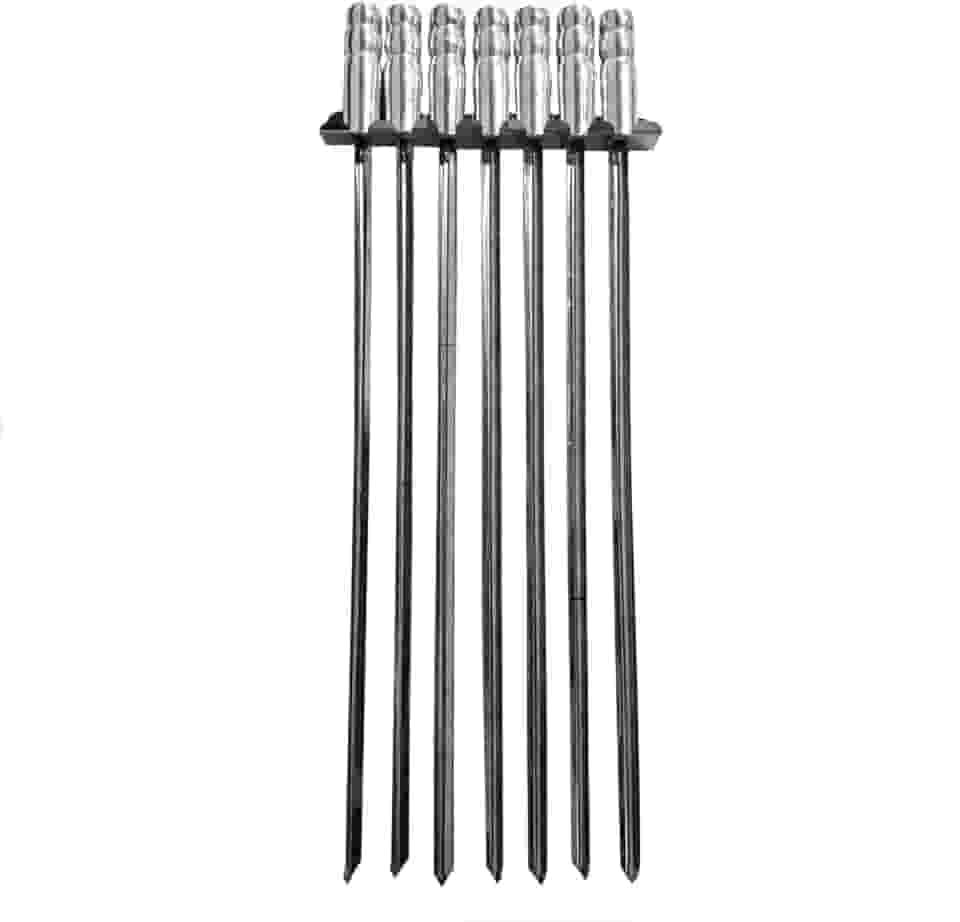 Kit 7 Espetos Para Churrasco Com Suporte em Inox Lâmina Reforçadoa E Manopla Térmica