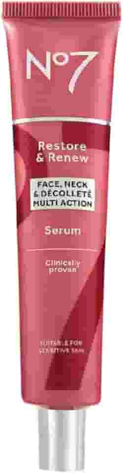 No7 Restore & Renew Soro multiação para rosto e pescoço – Soro antienvelhecimento para reparo profundo de rugas – Cuidados com a pele com infusão de colágeno com uma mistura hidratante de peptídeos de