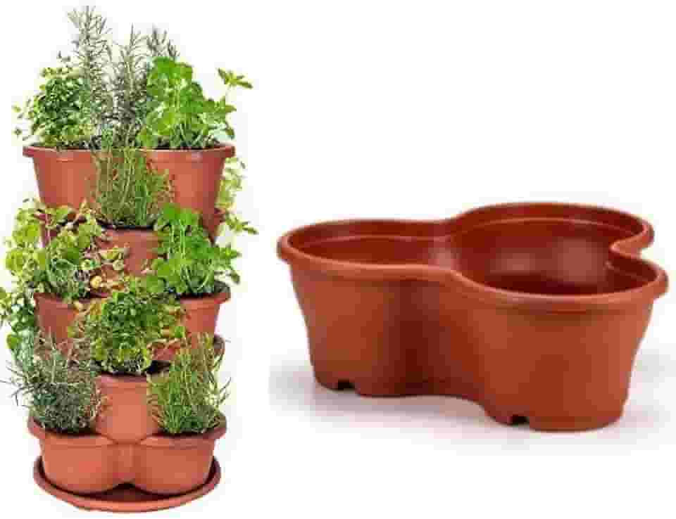 5 Vasos Empilhável Modular Trevo, Terracota, para Horta Vertical e Jardim
