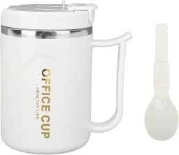 Caneca de café de 16 onças, canecas de acampamento isoladas a vácuo com tampa de alça e colher, caneca de café de viagem anti-escaldante de camada dupla de aço inoxidável para (Light Gray)