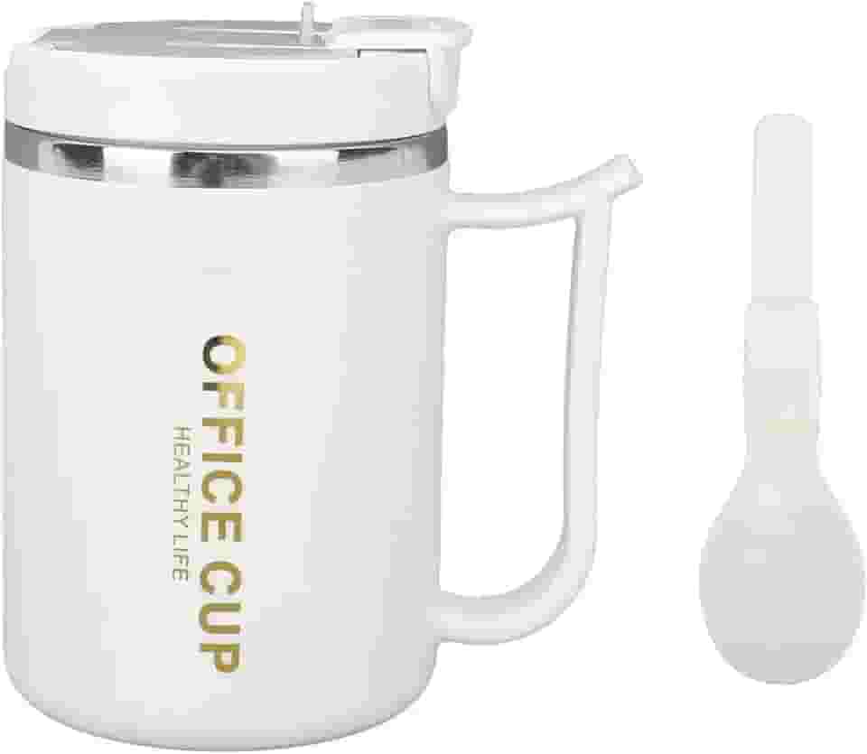 Caneca de café de 16 onças, canecas de acampamento isoladas a vácuo com tampa de alça e colher, caneca de café de viagem anti-escaldante de camada dupla de aço inoxidável para (Light Gray)