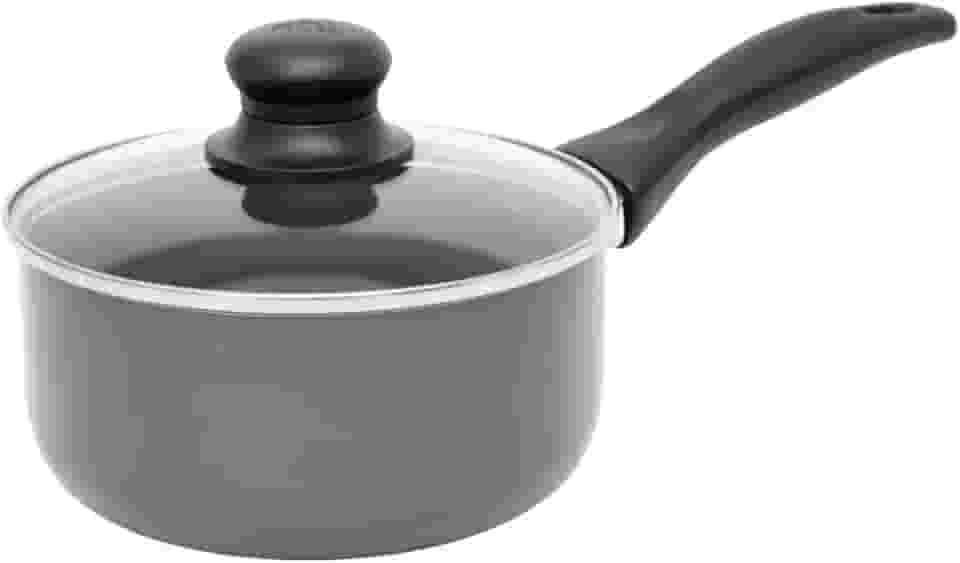 IMUSA Panela de cerâmica cinza de 1,5 litros com tampa de vidro, antiaderente com alça de toque frio, panela pequena para molhos, sopas, ensopados e muito mais