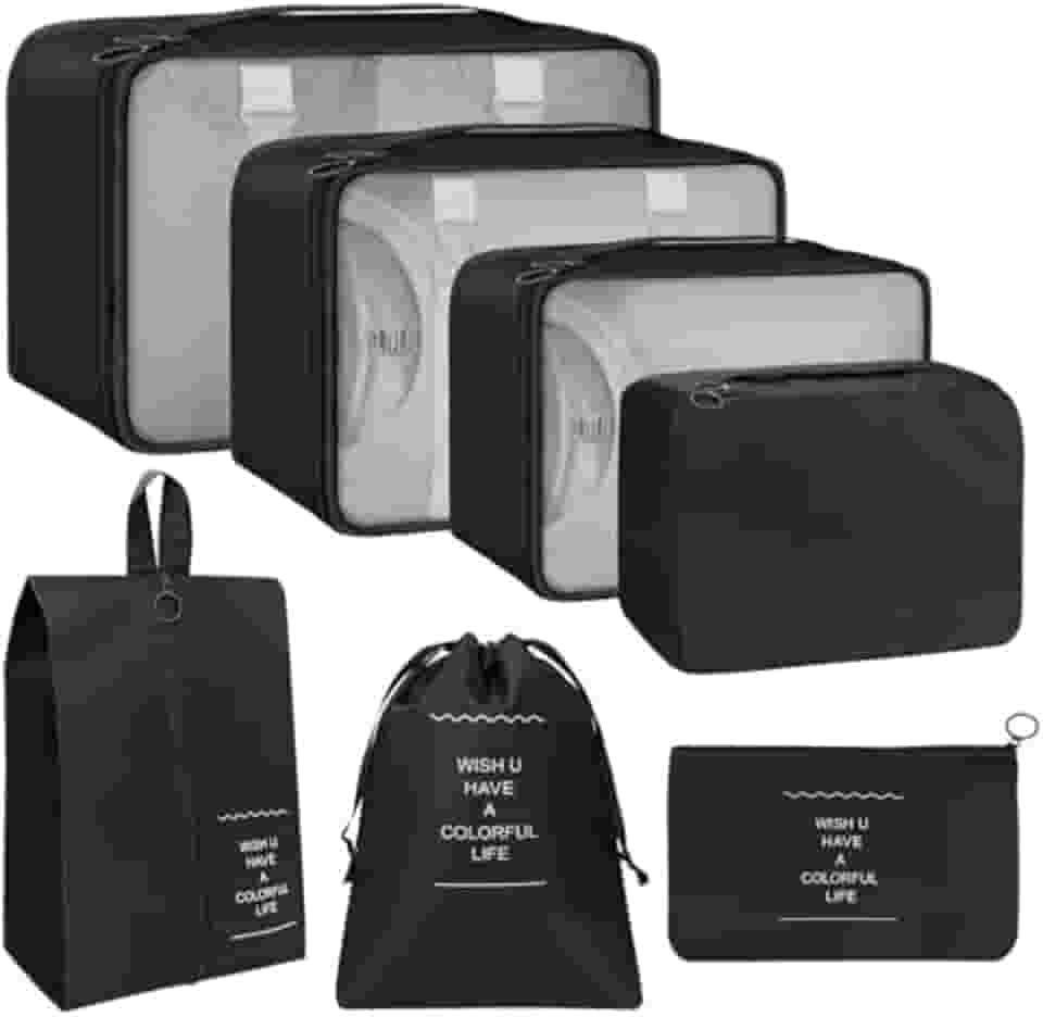 Kit Organizador de Malas para Viagem 7 Peças Conjunto Organizador Completo Bolsas Necessaire Sapatos Maquiagem Roupas Bagagem Organizada (Preto)