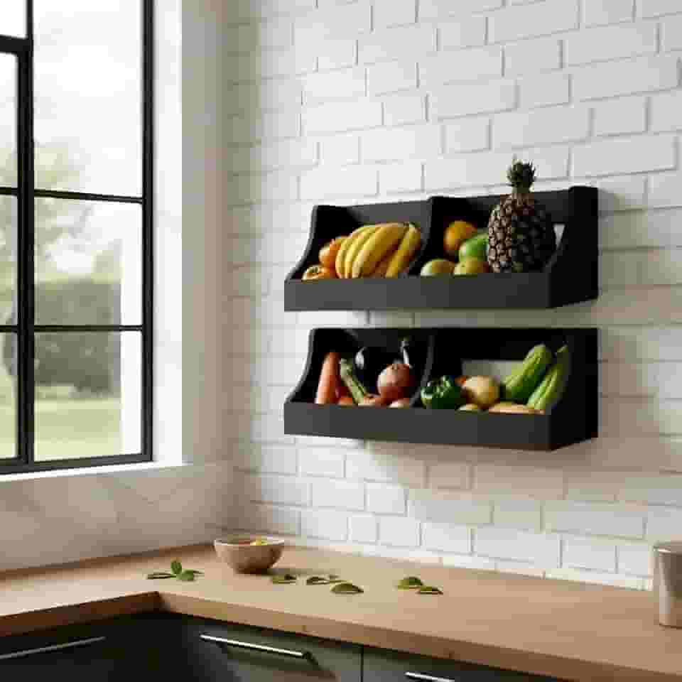 Fruteira Suspensa de Parede Prateleira Porta Legumes Cozinha em Madeira Preto Laca