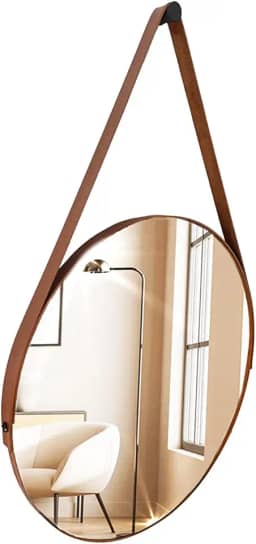 Espelho Adnet Redondo Decorativo 30cm em Couro Sintético – Elegância e Sofisticação para seu Ambiente (Marrom)