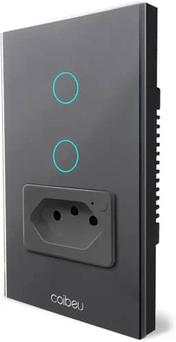 Interruptor Inteligente WiFi com Tomada, Interruptor Smart Sem Fio Doméstico Multifuncional, Controle Remoto de Eletrodomésticos Por Celulares, Preto, 2 Botao, com neutro