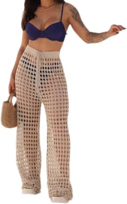 Calça Saída de Praia em Tricô, Crochê Vazado, Estilo Boho, Moda Praia Feminina (BR, Alfa, M, Regular, Areia)