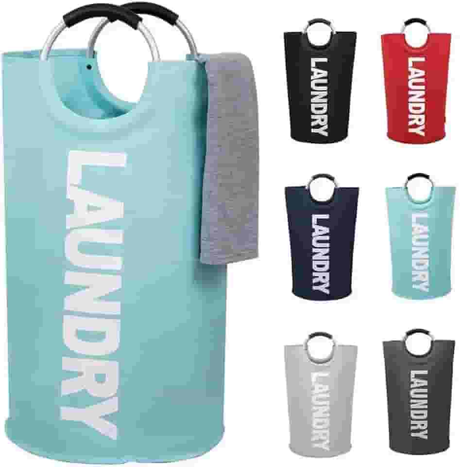 Cesto de lavanderia de 90 L, cesta de armazenamento à prova d'água com alça acolchoada, cesto de roupa dobrável para facilitar o armazenamento, azul