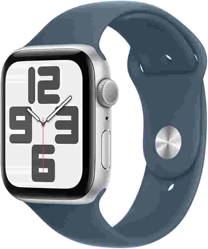 Apple Watch SE GPS • Caixa prateada de alumínio – 44 mm • Pulseira esportiva denim – P/M