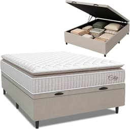 Cama Box Baú Colchão Casal Molas Ensacadas City Pillow Top 138x188x64cm Branco/Bege Hellen - Suporta até 110kg por Pessoa
