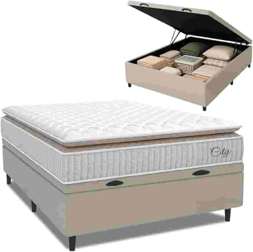 Cama Box Baú Colchão Casal Molas Ensacadas City Pillow Top 138x188x64cm Branco/Bege Hellen - Suporta até 110kg por Pessoa