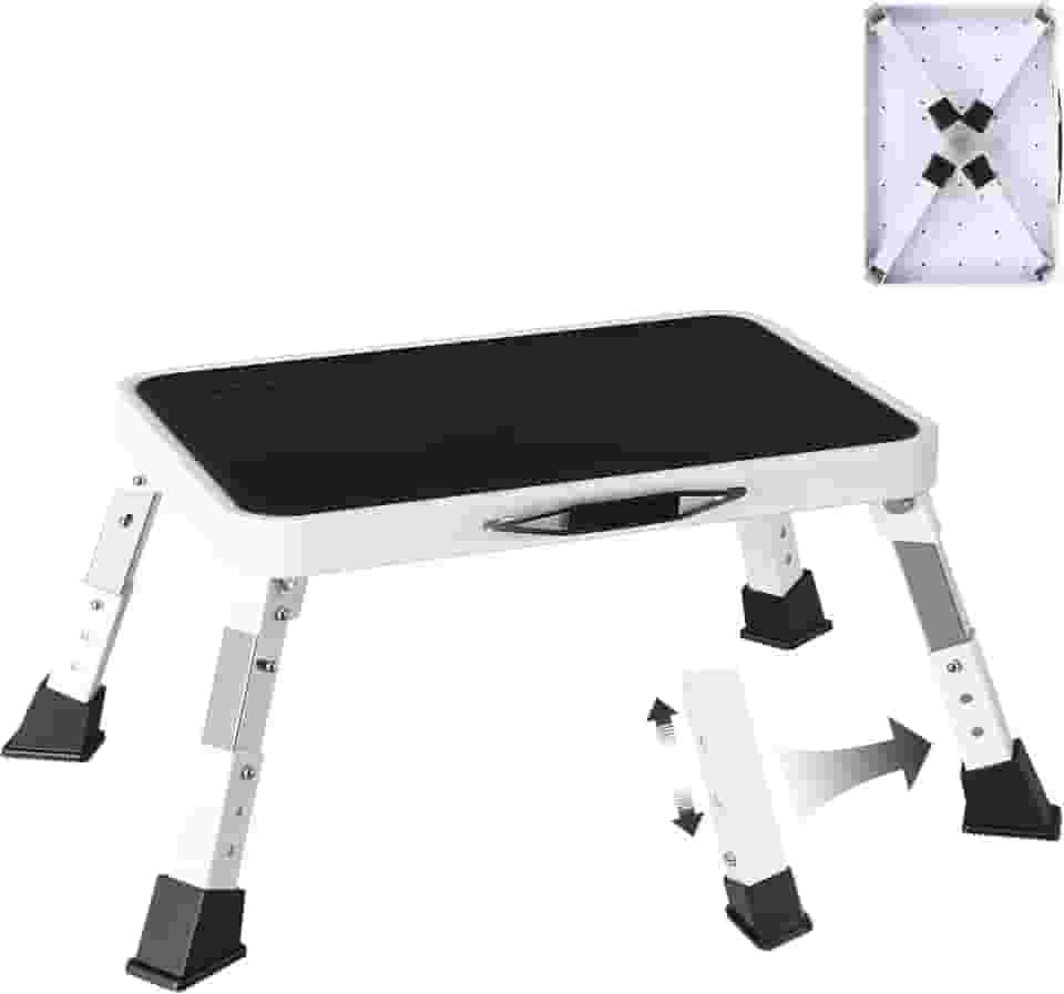 Escada De Degrau Para Trailer Dobrável, Ajustável Em Altura, De Metal Resistente E Estável, Com Plataforma Antiderrapante, Escada De Degrau Para Trailer Com Pés De Borracha Antiderrapantes, F