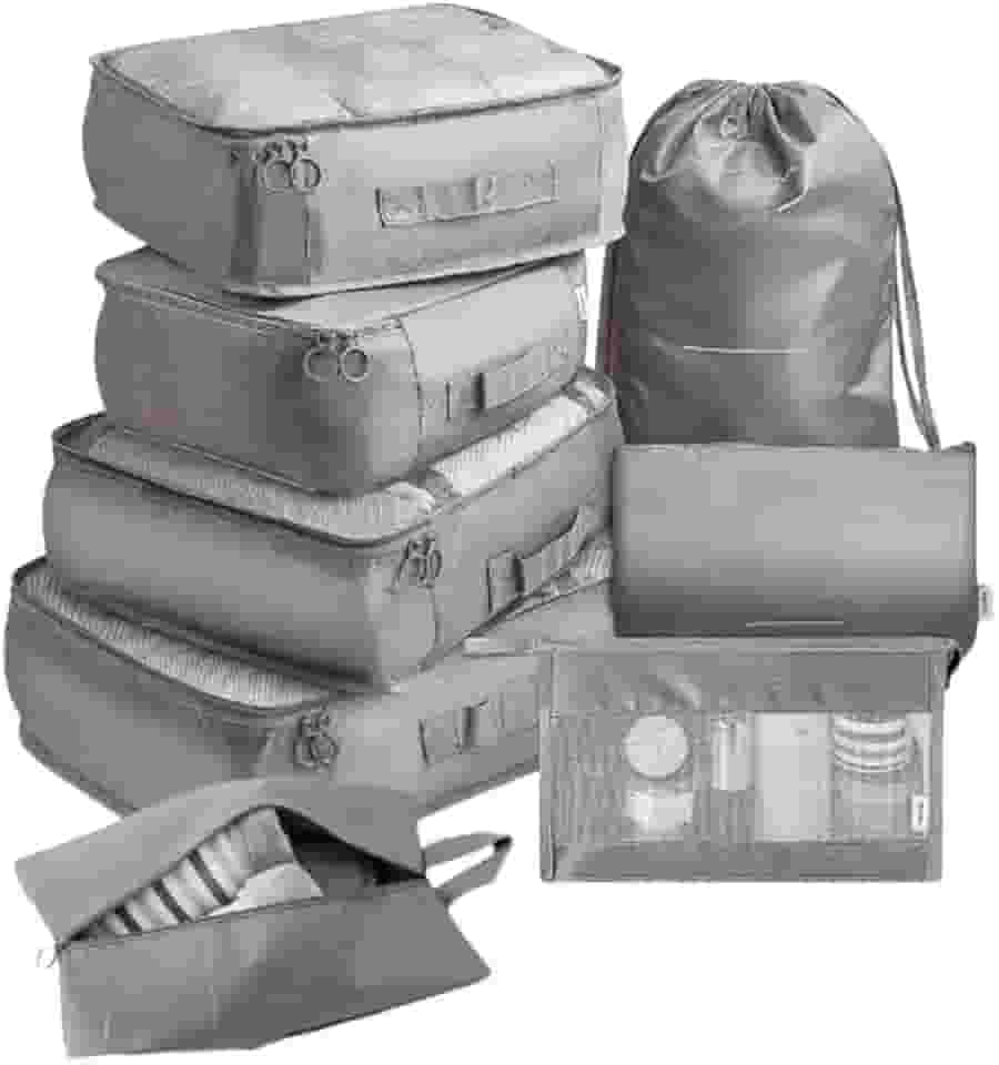 Kit Organizador de Malas para Viagem 8 Peças Conjunto Organizador Completo Bolsas Necessaire Sapatos Maquiagem Roupas Bagagem Organizada (Cinza)