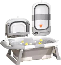 Banheira Bebê Dobrável Cinza com Termômetro Digital, Portátil e Compacta para Viagem e Apartamento
