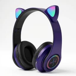 Fone de Ouvido Infantil Bluetooth com Orelhas de Gato, Luzes RGB, Dobrável, Ajustável, Conforto Prolongado e Conectividade Multiuso (Roxo)