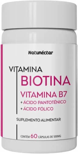 Biotina Com Vitamina B5 e B9 Fortalecedor de Unhas e Cabelo 500mg 60 Cápsulas - Natunéctar