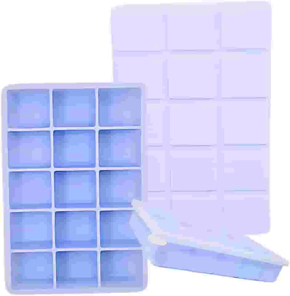 SYMEON Forma de Gelo Silicone Com Tampa Livre de BPA Flexivel 15 Cubos de 27ml Cada Prática Resistente e Reutilizável Forma Para Papinha Gelatina Frutas (FORMAGELO-AZUL)