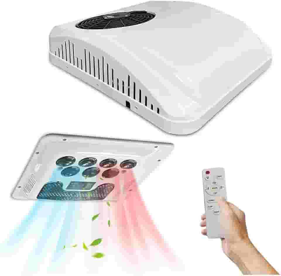 Treeligo Ar condicionado de 12 V CA ultra silencioso, unidade de telhado não conduzida de fácil instalação, bomba de calor e resfriamento rápido para trailers, trailers e trailers de viagem, branco