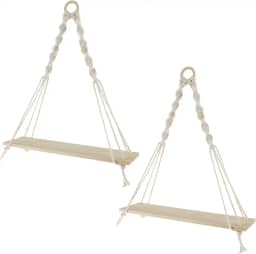 2 prateleiras suspensas de corda de algodão macramê, estilo boho, 2 prateleiras, montagem na parede, ajustável, 38 x 35 x 10 cm