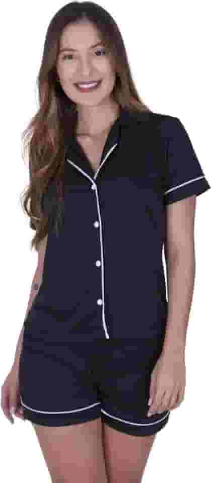 Pijama Feminino Americano com Botão Manga Curta com Gola e Short Brenda