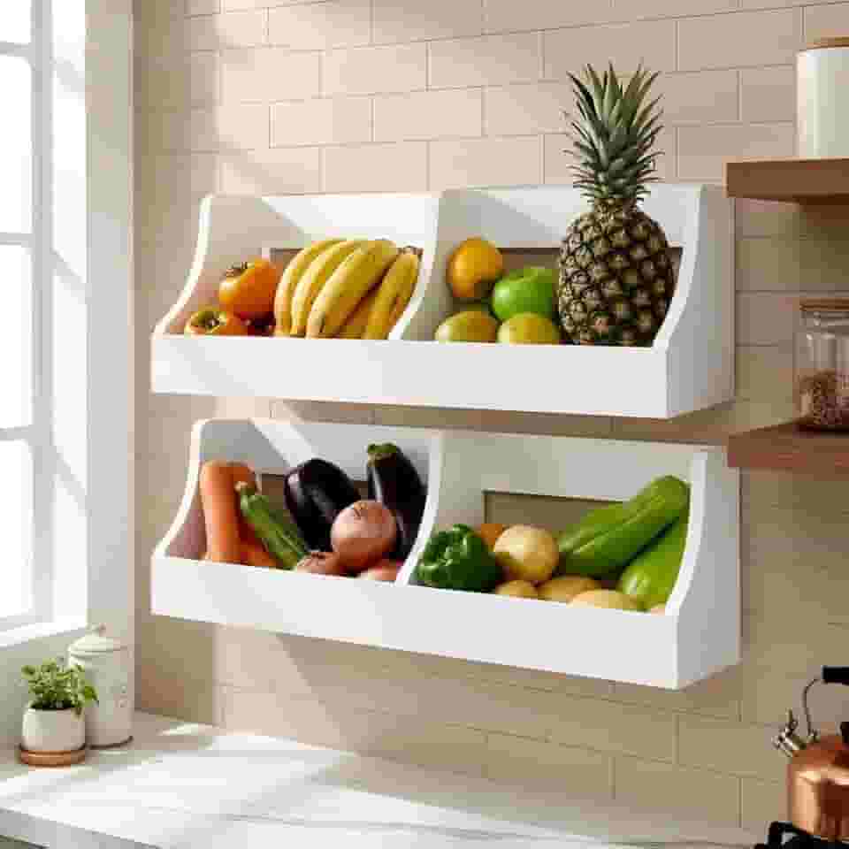 Fruteira Suspensa de Parede Prateleira Porta Legumes Cozinha em Madeira Branco Laca