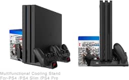 Suporte vertical PtevSoh para console PS4 / PS4 Slim / PS4 Pro, cooler PS4 com ventilador duplo, suporte para 10 jogos, estação de carregamento com indicadores para Playstation 4 DualShock