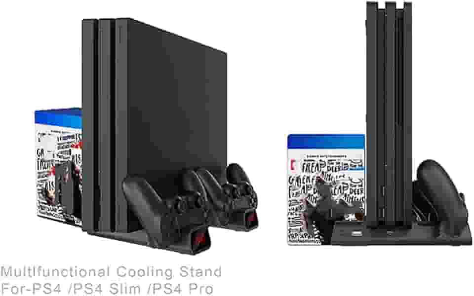 Suporte vertical PtevSoh para console PS4 / PS4 Slim / PS4 Pro, cooler PS4 com ventilador duplo, suporte para 10 jogos, estação de carregamento com indicadores para Playstation 4 DualShock