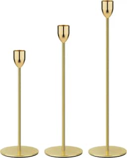 Ohtomber Suporte de vela de metal dourado – 3 peças de castiçal, decoração de mesa de casamento de centro de castiçal, ajuste pilar de 0,9 cm de espessura, velas afuniladas e de LED