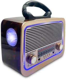 Rádio Portátil Retrô Vintage com Bluetooth, Entrada USB, Cartão SD, AM/FM/SW, Auxiliar P2, Lanterna, Bateria Recarregável, Funciona com Pilhas, Bivolt, Alça para Transporte