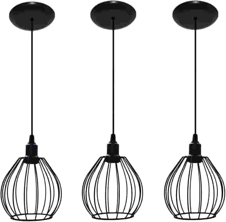 Kit 03 Lustres Luminarias Pendentes Aramado Modelo Balão estilo Retrô Cor Preto - Ideal para balcão, bancada (Preto)