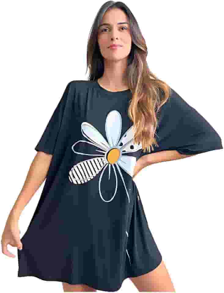 Camisola Feminina De Dormir Camisetão Verão Manga Curta Flor