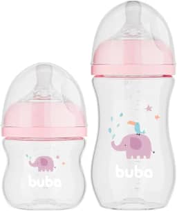 Buba Toys Kit Mamadeiras Easy Flow, Rosa, Plástico Livre de BPA, 120ml e 270ml, Anti-cólica, Fluxo Suave, 2 Unidades, Para Bebês 0-24 Meses