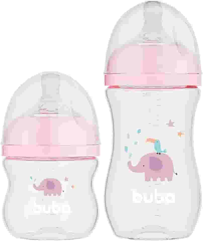 Buba Toys Kit Mamadeiras Easy Flow, Rosa, Plástico Livre de BPA, 120ml e 270ml, Anti-cólica, Fluxo Suave, 2 Unidades, Para Bebês 0-24 Meses