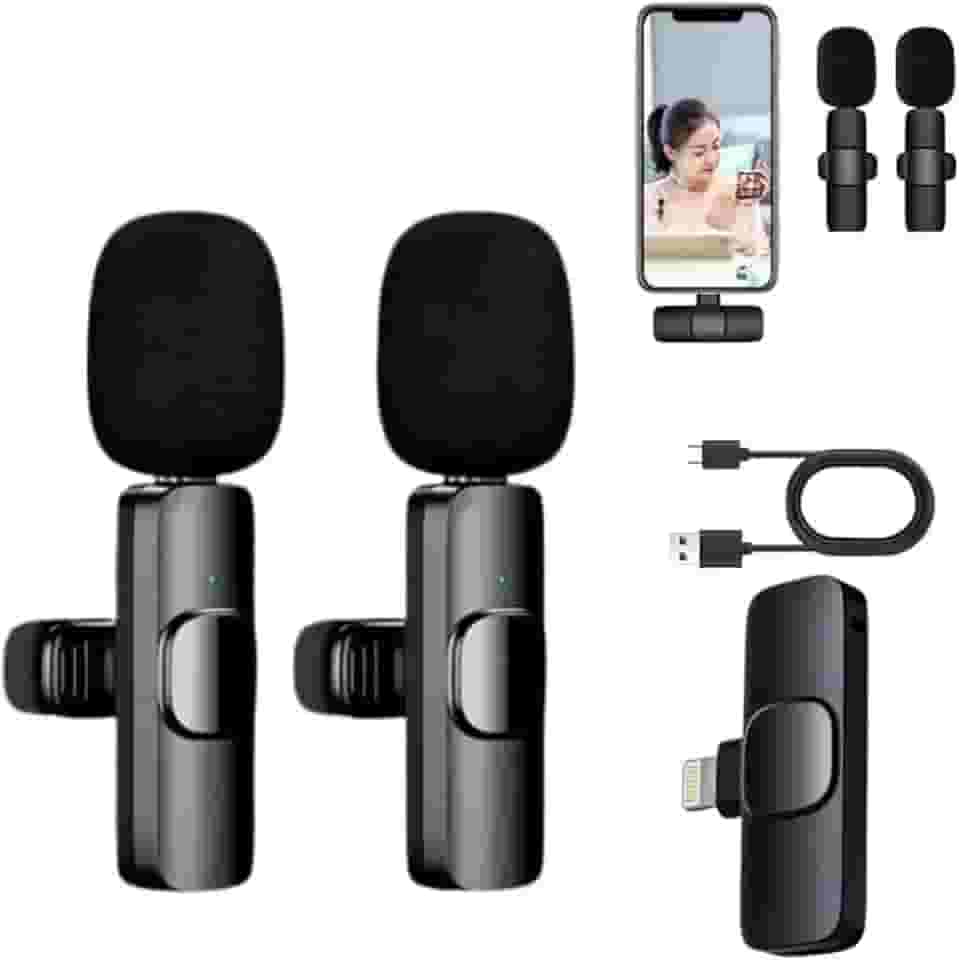 Microfone de Lapela Sem Fio Kit com 2 Peças Compativel Com Iphone e Ipad Redução de Ruído, Gravação Profissional, Entrevistas, Vlogs, YouTube, TikTok, 1 Transmissor e Suporte para 2 Microfones