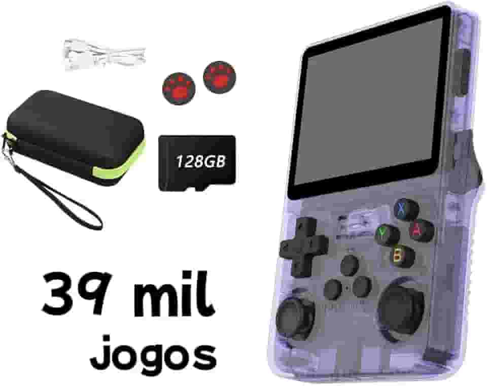 r36s 128GB original Console de jogos portátil retrô ,r36s console portatil,chip RK3326 integrado, usando sistema Arkos 2.0, memória de sistema de 1 GB, 3500 mAh, duração da bateria de 4-6 horas, mais de 39.000 jogos, videogames portáteis, cor: roxo