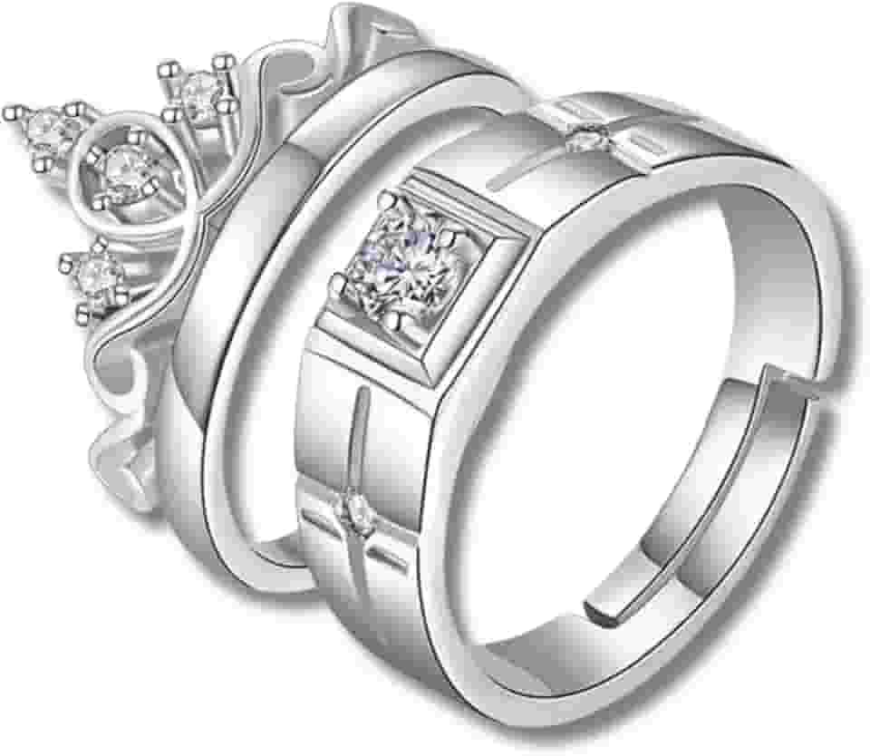 Par de Alianças de Compromisso em Aço Inoxidável Banhado a Prata Unissex Ajustáveis King and Queen – Acompanha Bolsa de Veludo