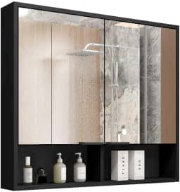 Armário de Banheiro Aéreo 2 Portas Com Espelho Espelheira Com Nicho Aquiles (Preto Flexcollor Nature)