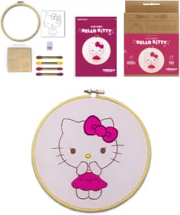 Kit Bordado Ponto Livre Círculo Hello Kitty – Cor 2 POP, com Entretela Solúvel, Linhas, Tecido, Agulha e Moldura