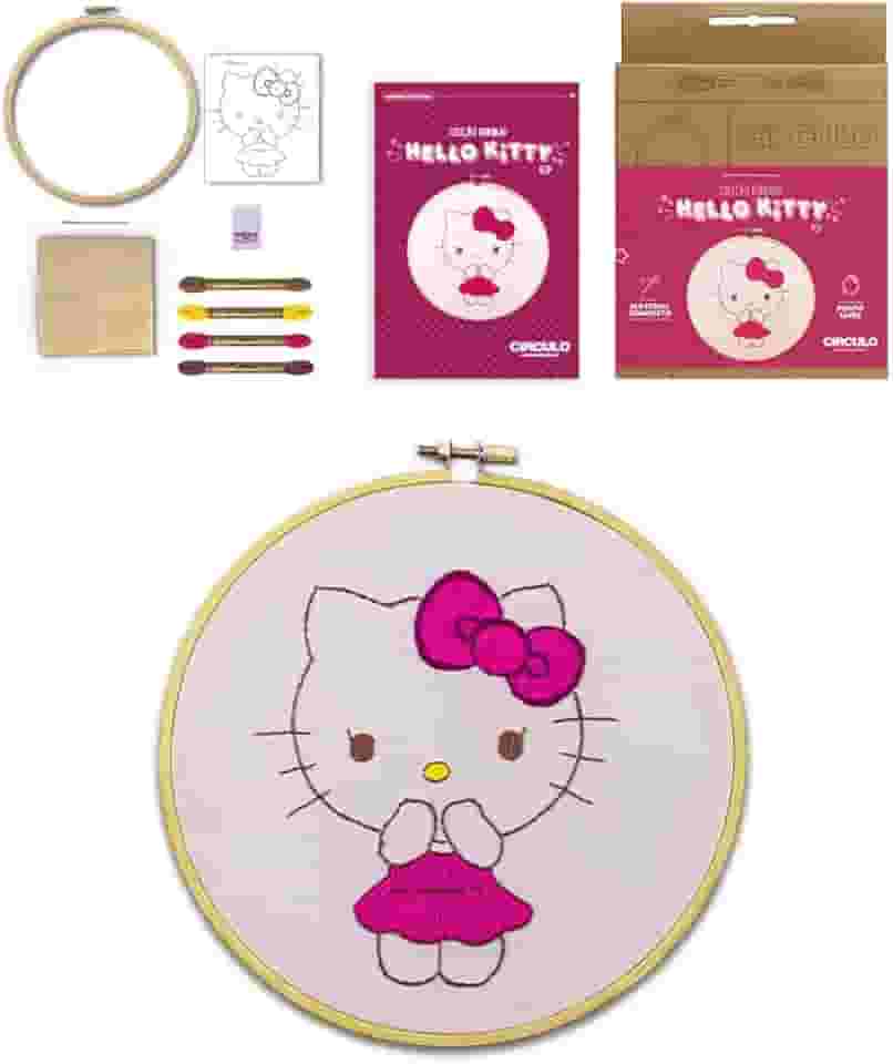 Kit Bordado Ponto Livre Círculo Hello Kitty – Cor 2 POP, com Entretela Solúvel, Linhas, Tecido, Agulha e Moldura