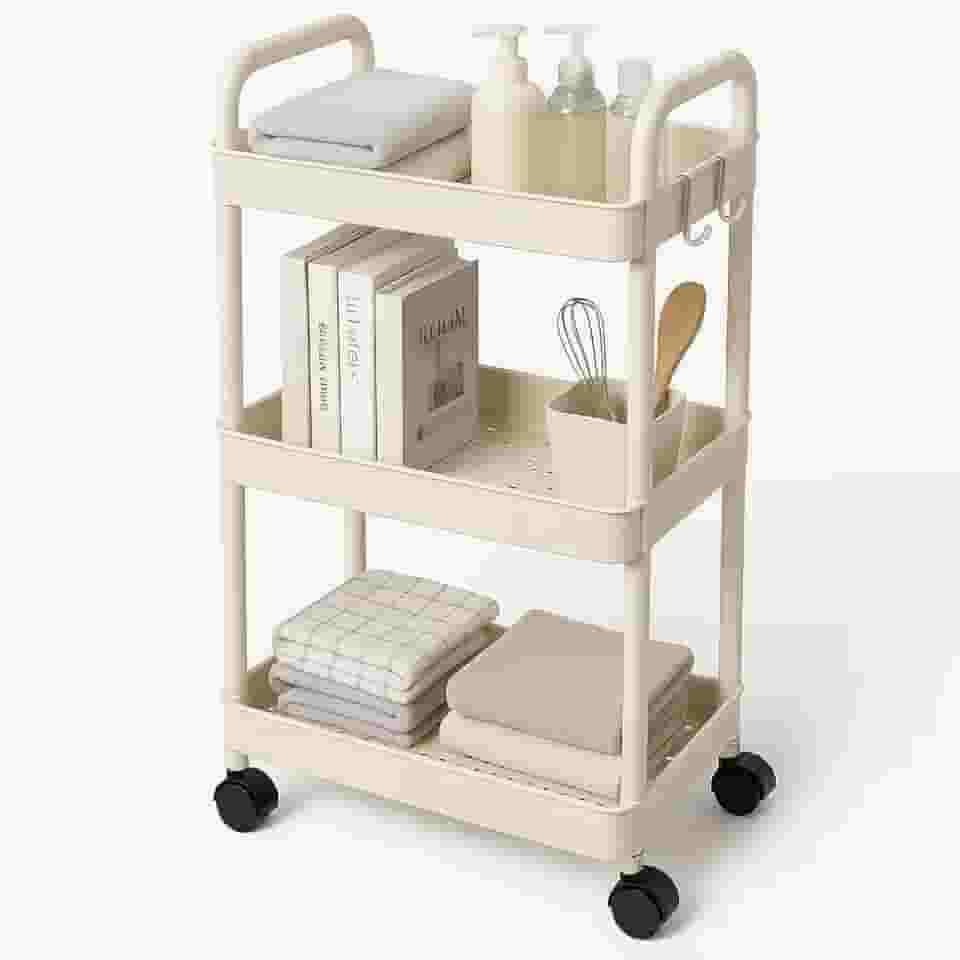 Carrinho Estante Organizadora Multiuso com Rodas 3 Andares 35x26x71cm | Plástico PP Branco Reforçado | Prateleira Vertical para Banheiro Cozinha Lavanderia Escritório