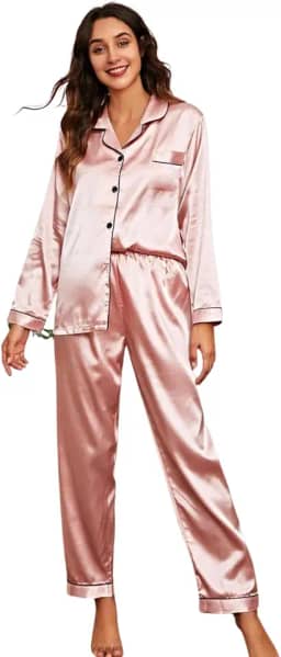 Pijama Feminino Americano Adulto Cetim Toque de Seda Bolso e Botão Manga Longa e Calça