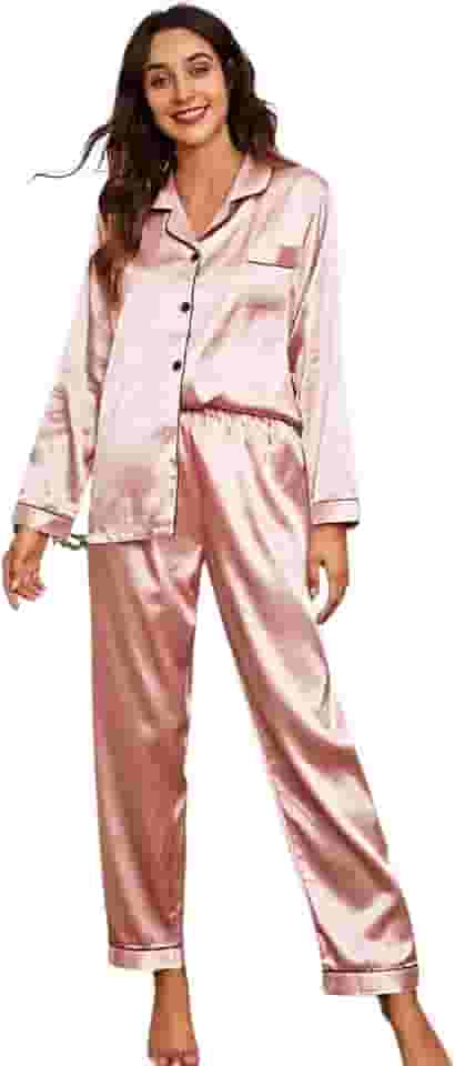 Pijama Feminino Americano Adulto Cetim Toque de Seda Bolso e Botão Manga Longa e Calça