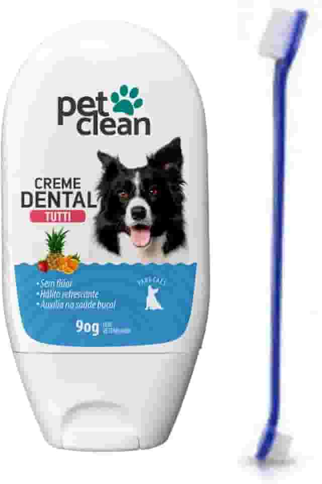 Kit Escova de Dente e Creme dental Tutti Frutti Pet Clean 60g Previne Mau Hálito Tártaro Saude Bucal de Cães e gatos