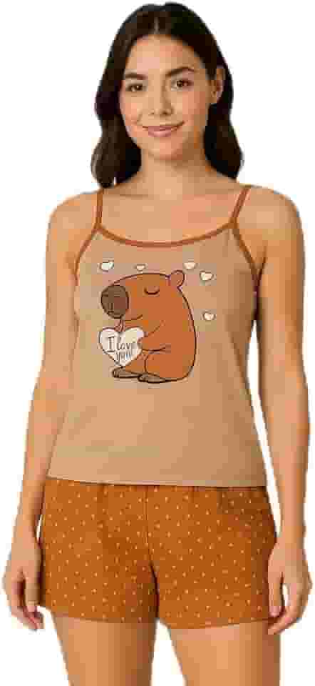 Conjunto de Verão Capivara Baby Doll Elegante Alcinha Estampado Pijama Sensual