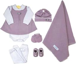 Saida Maternidade Completa Recem Nascido Menino Menina 7 Peças Sanches Baby (Lilás com Branco)