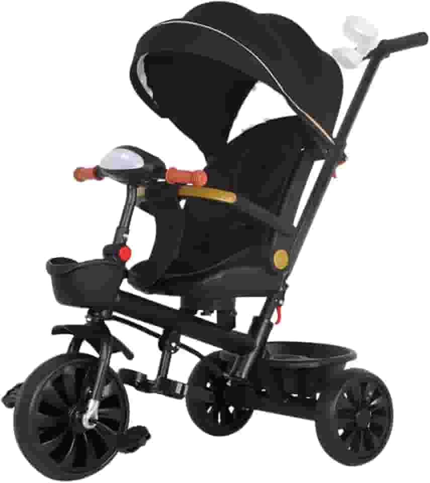 Carrinho Triciclo Multifuncional 2 em 1 Infantil Kidino com Luz e Som, Alça de Empurrar, Cesta e Guarda-Sol