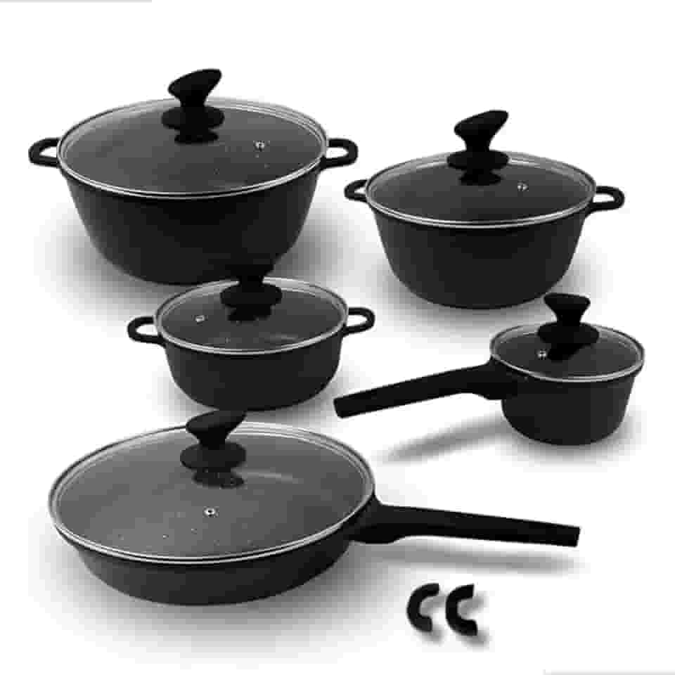 Conjunto de Panelas e Frigideiras em Cerâmica 5 Peças Alças em Madeira Tampa de Vidro PFOA livre. (Preto)