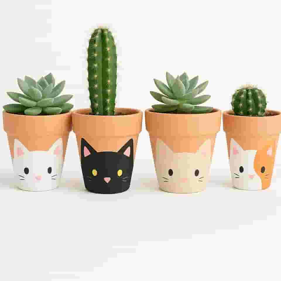 Kit 4 Vasos de Cerâmica Gatinho De Suculentas e Cactos – Decorativos, Feitos à Mão, Estilo Fofo para Jardim, Varanda ou Presente Criativo'