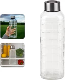 Garrafa de Vidro Quadrus com Tampa de Inox, 1000ml, Design Quadriculado, para Água, Suco, Chá, Armazenamento em Geladeira